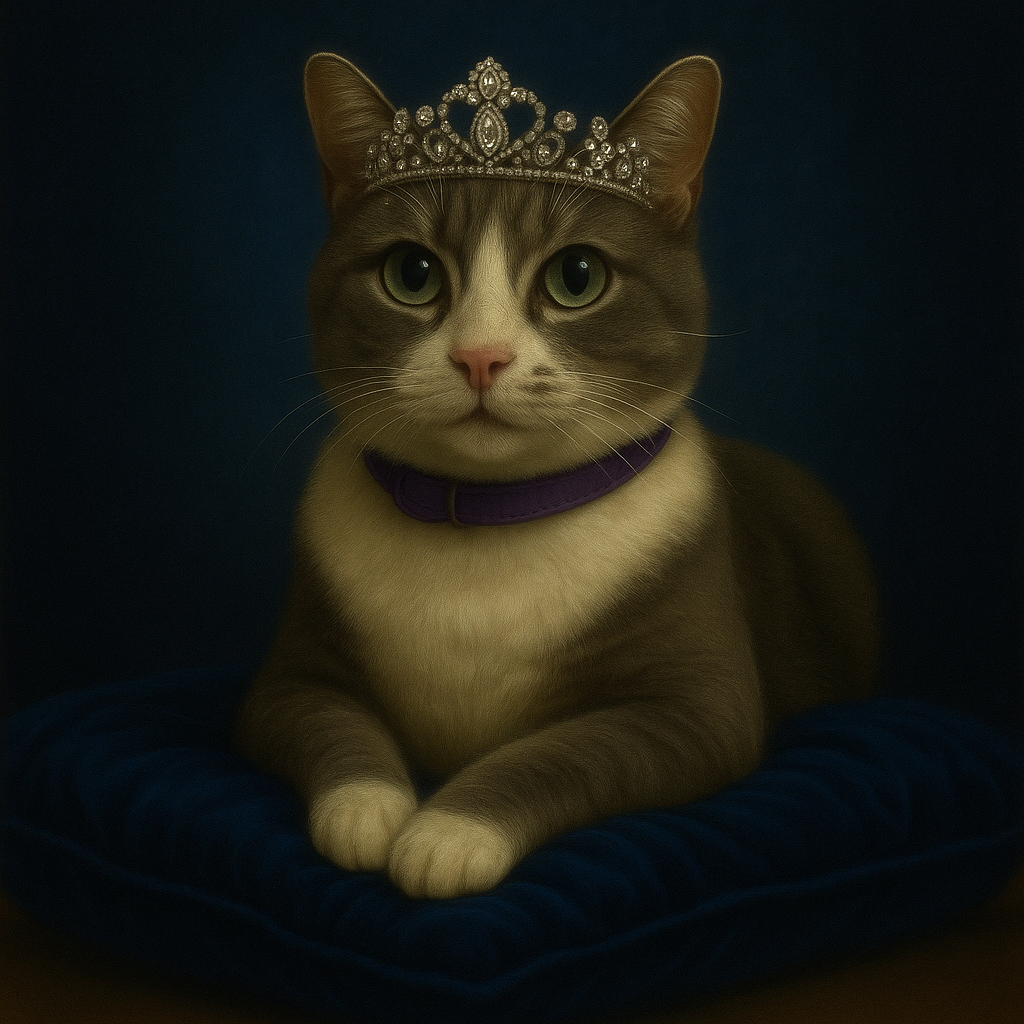 Princess Daisy sitting on blue velvet pillow