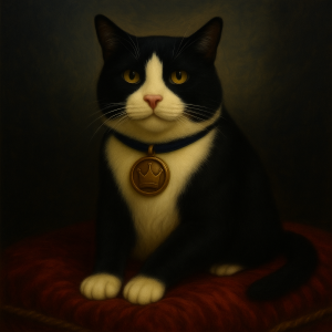 Tuxedo Royal Prince Tux sitting on red vevelt pillow