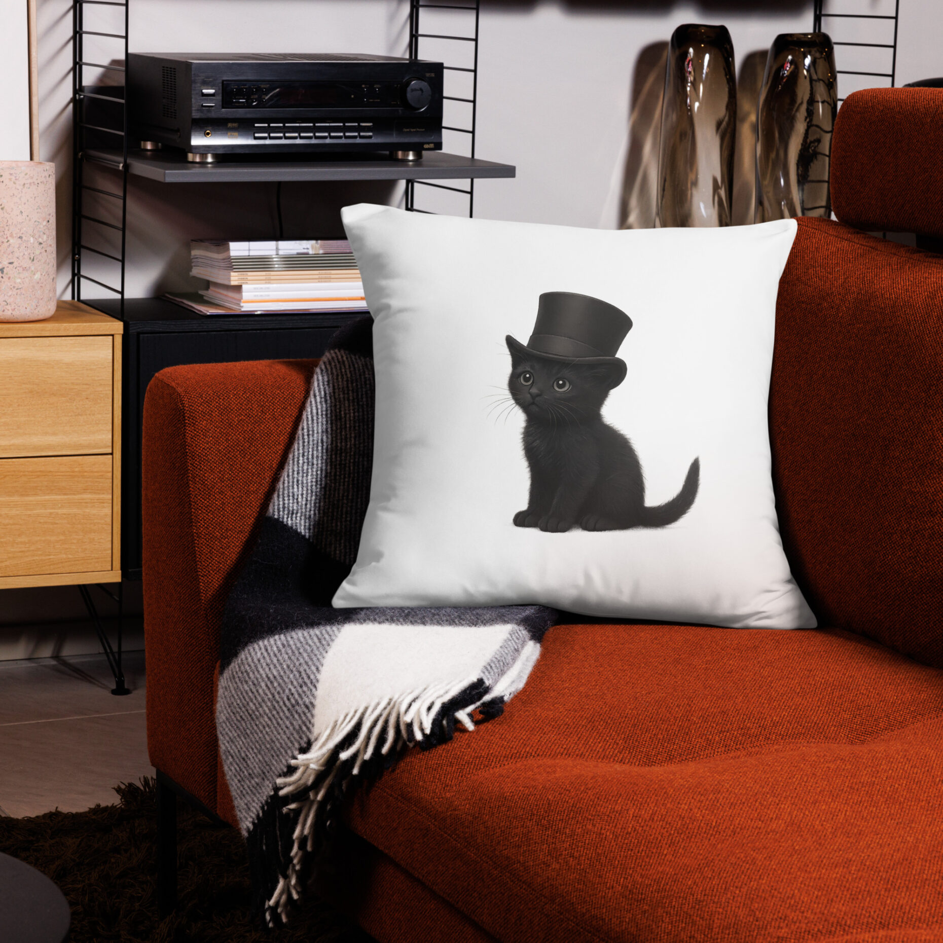 Sir Whiskers – Black Cat with Top Hat (Pillow)